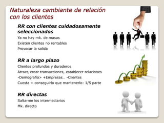 Naturaleza cambiante de relación 
con los clientes 
RR con clientes cuidadosamente 
seleccionados 
Ya no hay mk. de masas 
Existen clientes no rentables 
Provocar la salida 
RR a largo plazo 
Clientes profundos y duraderos 
Atraer, crear transacciones, establecer relaciones 
-Demografía> +Empresas… -Clientes 
Cuesta + conseguirlo que mantenerlo: 1/5 parte 
RR directas 
Saltarme los intermediarios 
Mk. directo 
 