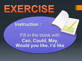 Instruction : 
Fill in the blank with 
Can, Could, May, 
Would you like, I’d like 
 