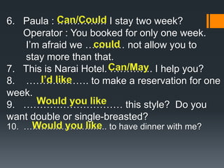 6. Paula : …………… I stay two week? 
Operator : You booked for only one week. 
I’m afraid we ………… not allow you to 
stay more than that. 
7. This is Narai Hotel. …………. I help you? 
8. ………………. to make a reservation for one 
week. 
9. ………………………… this style? Do you 
want double or single-breasted? 
10. ……………………….. to have dinner with me? 
 