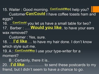 15. Waiter : Good morning. …………… I help you? 
Customer : …………. I have coffee toasts ham and 
eggs? 
16. …………. you let us have a small table for two? 
17. Barber : ………………………… to have your ears 
wax removed? 
Customer : Yes, sure. 
18. ……………… to have my hair done. I don’t know 
which style suit me. 
19. A : ……………. I use your type-writer for a 
moment? 
B : Certainly, there it is.. 
20. ……………………… to send these postcards to my 
friend, but I didn’t seem to have a chance to go. 
 