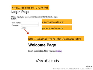 SPRINT3R
Siam Chamnankit Co., Ltd., Odd-e (Thailand) Co., Ltd. and Alliance
ผ่าน คือ อะไร
username=demo
password=mode
http://localhost:7272/html/welcome.html
http://localhost:7272/html
 