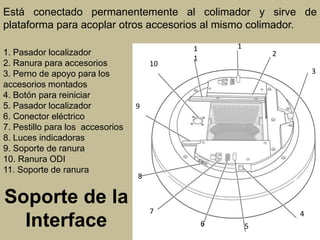 Está conectado permanentemente al colimador y sirve de 
plataforma para acoplar otros accesorios al mismo colimador. 
Soporte de la 
Interface 
1 
2 
3 
4 
6 5 
7 
9 
8 
10 
1 
1 
1. Pasador localizador 
2. Ranura para accesorios 
3. Perno de apoyo para los 
accesorios montados 
4. Botón para reiniciar 
5. Pasador localizador 
6. Conector eléctrico 
7. Pestillo para los accesorios 
8. Luces indicadoras 
9. Soporte de ranura 
10. Ranura ODI 
11. Soporte de ranura 
 