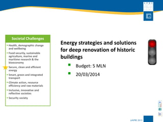 Energy strategies and solutions for deep renovation of historic buildings 
Budget: 5 MLN 
20/03/2014 
Societal Challenges 
Health, demographic change and wellbeing 
Food security, sustainable agriculture, marine and maritime research & the bioeconomy 
Secure, clean and efficient energy 
Smart, green and integrated transport 
Climate action, resource efficiency and raw materials 
Inclusive, innovative and reflective societies 
Security society  