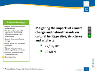 * Area attività: Proposta Commissione Europea 19 
Mitigating the impacts of climate change and natural hazards on cultural heritage sites, structures and artefacts 
27/08/2015 
10 MLN 
Societal Challenges 
Health, demographic change and wellbeing 
Food security, sustainable agriculture, marine and maritime research & the bioeconomy 
Secure, clean and efficient energy 
Smart, green and integrated transport 
Climate action, resource efficiency and raw materials 
Inclusive, innovative and reflective societies 
Security society  