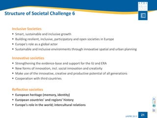 Structure of Societal Challenge 6 
Inclusive Societies 
Smart, sustainable and inclusive growth 
Building resilient, inclusive, participatory and open societies in Europe 
Europe'sroleasa global actor 
Sustainable and inclusive environments through innovative spatial and urban planning 
Innovative societies 
Strengthening the evidence-base and support for the IU and ERA 
New forms of innovation, incl. social innovation and creativity 
Make use of the innovative, creative and productive potential of all generations 
Cooperationwith thirdcountries 
Reflectivesocieties 
Europeanheritage(memory, identity) 
European countries' and regions' history 
Europe's role in the world; intercultural relations 
21 
 