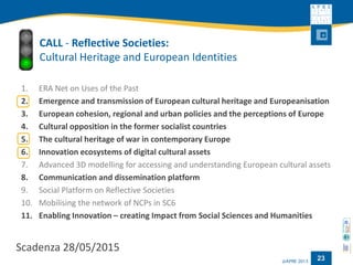 CALL-Reflective Societies: Cultural Heritage and European Identities 
1.ERA Net on Uses of the Past 
2.Emergence and transmission of European cultural heritage and Europeanisation 
3.European cohesion, regional and urban policies and the perceptions of Europe 
4.Cultural opposition in the former socialist countries 
5.The cultural heritage of war in contemporary Europe 
6.Innovation ecosystems of digital cultural assets 
7.Advanced 3D modelling for accessing and understanding European cultural assets 
8.Communicationand disseminationplatform 
9.Social Platform on Reflective Societies 
10.Mobilisingthe network of NCPs in SC6 
11.Enabling Innovation –creating Impact from Social Sciences and Humanities 
23 
Scadenza 28/05/2015  