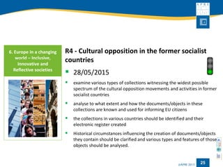 25 
R4 -Cultural opposition in the former socialist countries 
28/05/2015 
examine various types of collections witnessing the widest possible spectrum of the cultural opposition movements and activities in former socialist countries 
analyseto what extent and how the documents/objects in these collections are known and used for informing EU citizens 
the collections in various countries should be identified and their electronic register created 
Historical circumstances influencing the creation of documents/objects they contain should be clarified and various types and features of those objects should be analysed. 
6. Europe in a changing world –Inclusive, Innovative and Reflective societies  