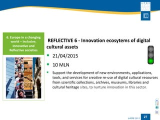 27 
REFLECTIVE 6 -Innovation ecosytemsof digital cultural assets 
21/04/2015 
10 MLN 
Support the development of new environments, applications, tools, and services for creative re-use of digital cultural resources from scientific collections, archives, museums, libraries and cultural heritage sites, to nurture innovation in this sector. 
6. Europe in a changing world –Inclusive, Innovative and Reflective societies  