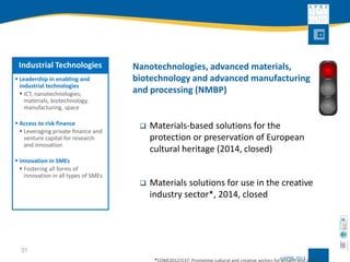 31 
Nanotechnologies, advanced materials, biotechnology and advanced manufacturing and processing (NMBP) 
Materials-based solutions for the protection or preservation of European cultural heritage (2014, closed) 
Materials solutions for use in the creative industry sector*, 2014, closed 
*COM(2012)537: Promoting cultural and creative sectors for growth and jobs in Industrial Technologies 
Leadership in enabling and industrial technologies 
ICT,nanotechnologies, materials, biotechnology, manufacturing, space 
Access to risk finance 
Leveraging private finance and venture capital for research and innovation 
Innovation in SMEs 
Fostering all forms of innovation in all types of SMEs  