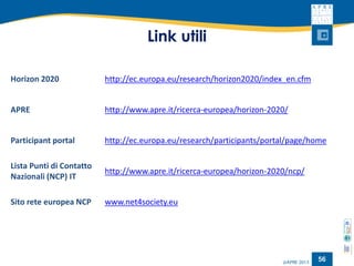 Link utili 
56 
Horizon 2020 
http://ec.europa.eu/research/horizon2020/index_en.cfm 
APREhttp://www.apre.it/ricerca-europea/horizon-2020/ 
Participantportal 
http://ec.europa.eu/research/participants/portal/page/home 
Lista Punti di Contatto Nazionali (NCP) IThttp://www.apre.it/ricerca-europea/horizon-2020/ncp/ 
Sito reteeuropea NCP 
www.net4society.eu  