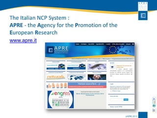 The Italian NCP System : APRE-the Agency for the Promotion of the European Research 
6 
www.apre.it  
