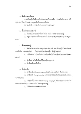 102 
2. ขั้นสารวจและค้นหา 
2.1นักเรียนสืบค้นข้อมูลเกี่ยวกับงาน จากใบความรู้ 1 พร้อมกับใบงาน 1.2 แล้ว สรุปสาระสาคัญ บันทึกลงในสมุดจดบันทึกและตอบคาถาม 
2.2 สุ่มนักเรียน 1 กลุ่มนาเสนอผลการสืบค้นข้อมูล 
3. ขั้นอธิบายและลงข้อสรุป 
3.1 นักเรียนนาข้อมูลจากขั้นการสืบค้น ข้อมูล มาอภิปรายร่วมกับครู 
3.2 ครูอธิบายเพิ่มเติมเกี่ยวกับงาน เพื่อให้นักเรียนสรุปสาระสาคัญลงในสมุดจด บันทึก 
4. ขั้นขยายความรู้ 
4.1 นักเรียนสนทนาซักถามครูและตอบคาถามว่า “การที่เราจะรู้ว่า ใครจะมีกาลัง มากหรือน้อย จะสังเกตอย่างไร ” ( ทิ้งช่วงให้นักเรียนคิด ) เพื่อนาไปสู่ เรื่อง กาลัง 
4.2 นักเรียนและครูร่วมกันอภิปราย เกี่ยวกับ กาลัง และตัวอย่างการหากาลัง จาก ใบความรู้ 1 
4.3 นักเรียนร่วมกันสืบค้น แก้ปัญหา ในใบงาน 1.3 
4.4 นักเรียนทาแบบฝึกทักษะ 1 
5. ขั้นประเมิน 
5.1 นักเรียนเขียน Concept mapping เกี่ยวกับ งาน และกาลัง ในใบกิจกรรม 1 
5.2 นักเรียนนา Concept mapping อภิปรายแลกเปลี่ยนกับเพื่อนๆ และประเมินผล งาน ให้กับเพื่อน 
5.3 นักเรียนที่เป็นเจ้าของผลงาน Concept mapping ที่ได้รับการประเมินจากเพื่อน มาอภิปรายเกี่ยวกับ Concept ในงานนั้น โดยการสุ่มจากครู 
5.4 นักเรียนทาแบบทดสอบหลังเรียน 
 