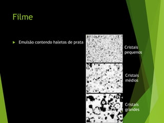 Filme
 Emulsão contendo haletos de prata
Cristais
pequenos
Cristais
médios
Cristais
grandes57
 