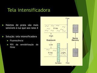 Tela intensificadora
 Haletos de prata são mais
sensíveis à luz que aos raios X
 Solução: tela intensificadora
 Fluorescência
 95% da sensibilização do
filme
58
 