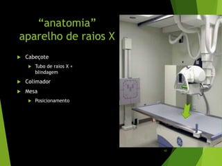 “anatomia”
aparelho de raios X
 Cabeçote
 Tubo de raios X +
blindagem
 Colimador
 Mesa
 Posicionamento
10
 