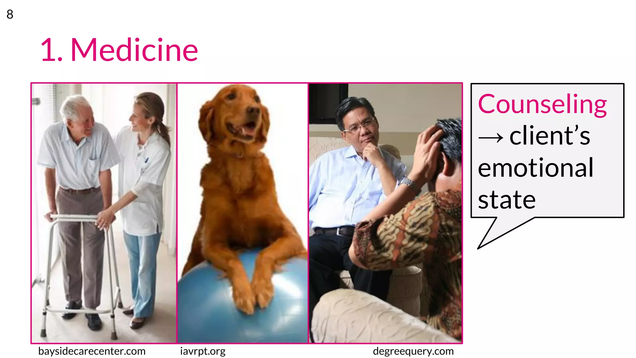 1. Medicine
baysidecarecenter.com iavrpt.org degreequery.com
Counseling
→ client’s
emotional
state
8
 