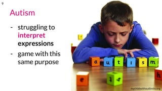 Autism
- struggling to
interpret
expressions
- game with this
same purpose
mychildwithoutlimits.org
9
 