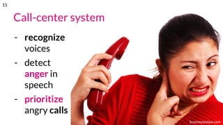 Call-center system
- recognize
voices
- detect
anger in
speech
- prioritize
angry calls
lovemoneylaw.com
15
 