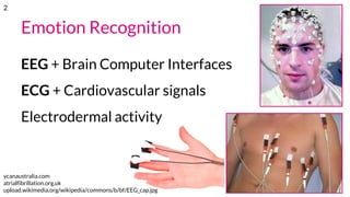 Emotion Recognition
EEG + Brain Computer Interfaces
ECG + Cardiovascular signals
Electrodermal activity
ycanaustralia.com
atrialfibrillation.org.uk
upload.wikimedia.org/wikipedia/commons/b/bf/EEG_cap.jpg
2
 