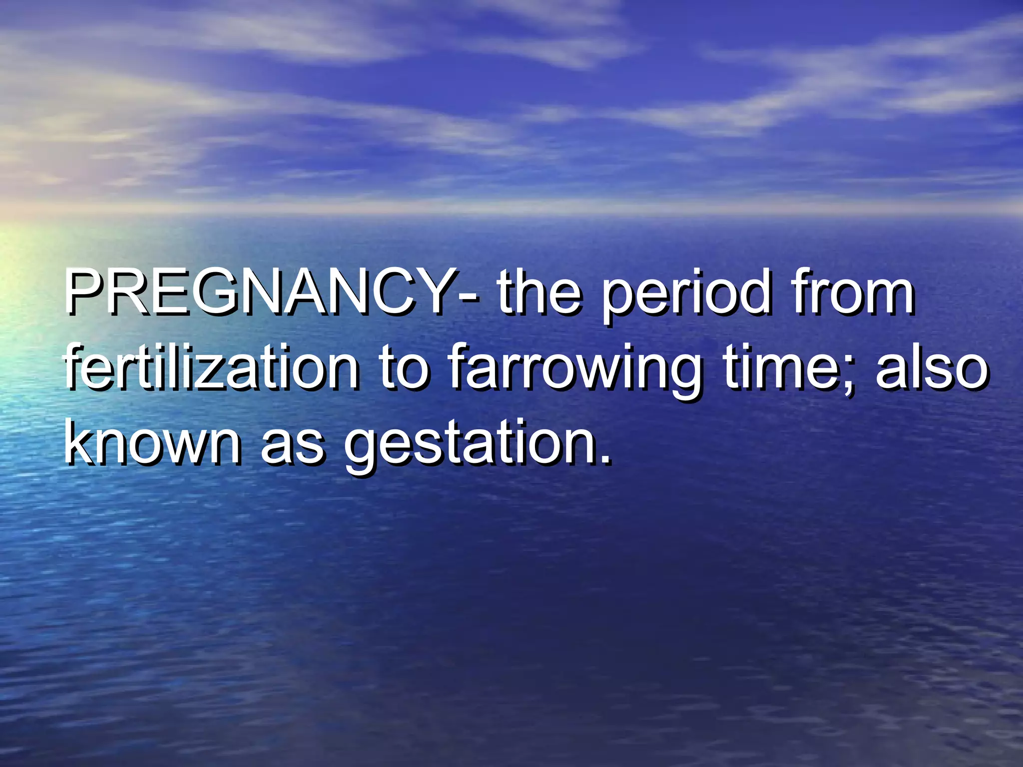 PREGNANCY- the period fromPREGNANCY- the period from
fertilization to farrowing time; alsofertilization to farrowing time; also
known as gestation.known as gestation.
 