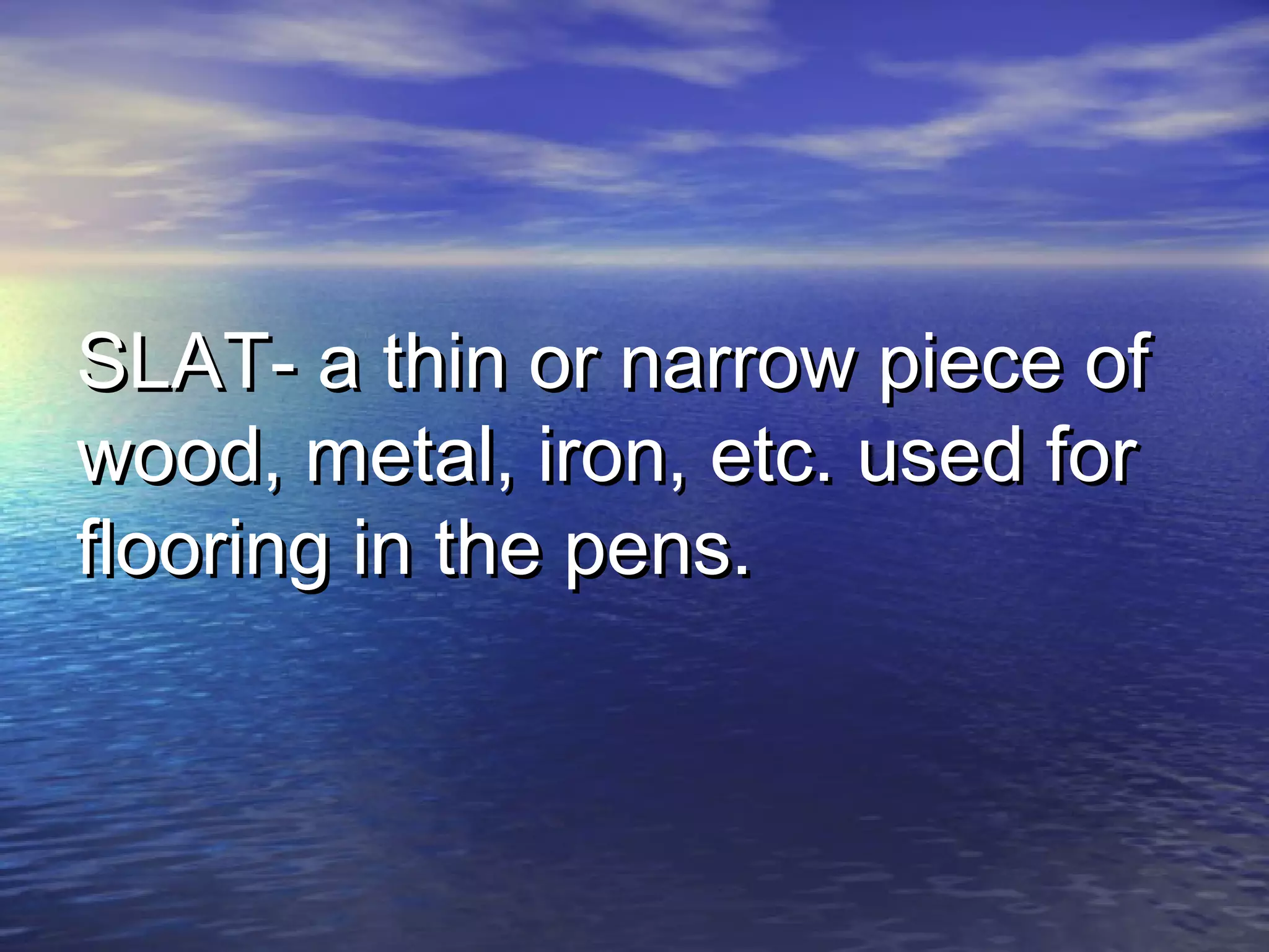 SLAT- a thin or narrow piece ofSLAT- a thin or narrow piece of
wood, metal, iron, etc. used forwood, metal, iron, etc. used for
flooring in the pens.flooring in the pens.
 