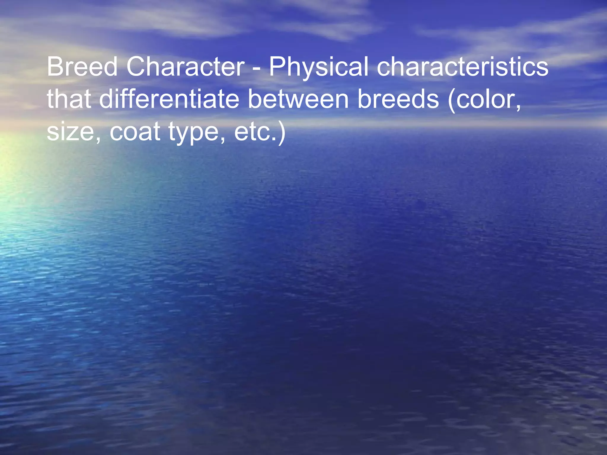 Breed Character - Physical characteristics
that differentiate between breeds (color,
size, coat type, etc.)
 