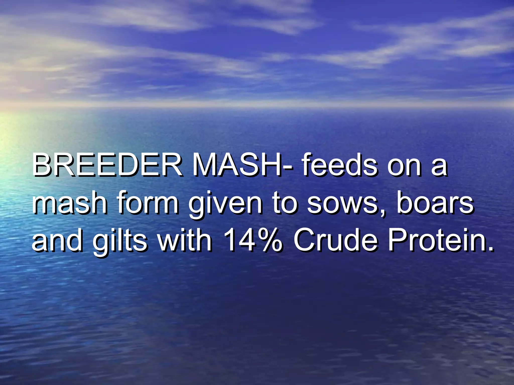 BREEDER MASH- feeds on aBREEDER MASH- feeds on a
mash form given to sows, boarsmash form given to sows, boars
and gilts with 14% Crude Protein.and gilts with 14% Crude Protein.
 
