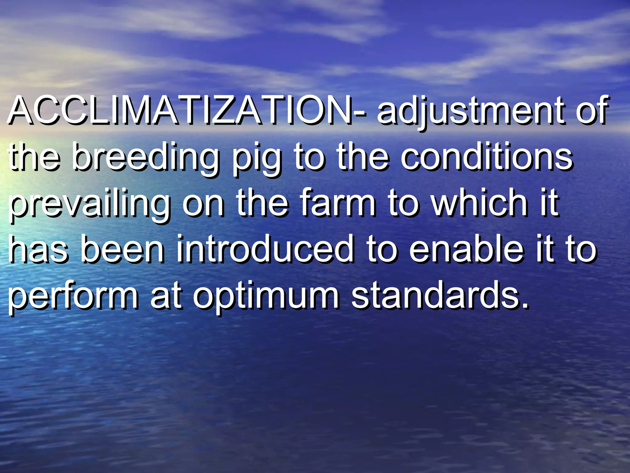 ACCLIMATIZATION- adjustment ofACCLIMATIZATION- adjustment of
the breeding pig to the conditionsthe breeding pig to the conditions
prevailing on the farm to which itprevailing on the farm to which it
has been introduced to enable it tohas been introduced to enable it to
perform at optimum standards.perform at optimum standards.
 