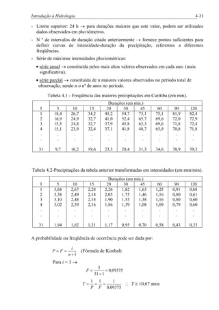 Introdução à Hidrologia 4-31
- Limite superior: 24 h ® para durações maiores que este valor, podem ser utilizados
dados observados em pluviômetros.
- N º de intervalos de duração citado anteriormente ® fornece pontos suficientes para
definir curvas de intensidade-duração da precipitação, referentes a diferentes
freqüências.
- Série de máximas intensidades pluviométricas:
· série anual ® constituída pelos mais altos valores observados em cada ano. (mais
significativa).
· série parcial ® constituída de n maiores valores observados no período total de
observação, sendo n o nº de anos no período.
Tabela 4.1 - Freqüência das maiores precipitações em Curitiba (em mm).
Durações (em min.)
I 5 10 15 20 30 45 60 90 120
1
2
3
4
.
.
31
18,4
16,9
15,5
15,1
.
.
9,7
26,7
24,9
24,8
23,9
.
.
16,2
34,2
32,7
32,7
32,4
.
.
19,6
45,2
41,0
37,9
37,1
.
.
23,3
54,7
52,4
45,8
41,8
.
.
28,4
73,1
65,7
62,3
48,7
.
.
31,3
75,1
69,6
69,6
65,9
.
.
34,6
81,9
72,0
71,8
70,8
.
.
38,9
82,4
72,9
72,4
71,8
.
.
39,3
Tabela 4.2-Precipitações da tabela anterior transformadas em intensidades (em mm/min).
Durações (em min.)
I 5 10 15 20 30 45 60 90 120
1
2
3
4
.
.
31
3,68
3,38
3,10
3,02
.
.
1,94
2,67
2,49
2,48
2,39
.
.
1,62
2,28
2,18
2,18
2,16
.
.
1,31
2,26
2,05
1,90
1,86
.
.
1,17
1,82
1,75
1,53
1,39
.
.
0,95
1,63
1,46
1,38
1,08
.
.
0,70
1,25
1,16
1,16
1,09
.
.
0,58
0,91
0,80
0,80
0,79
.
.
0,43
0,68
0,61
0,60
0,60
.
.
0,33
A probabilidade ou freqüência de ocorrência pode ser dada por:
1+
==
n
i
FP (Fórmula de Kimbal)
Para i = 3 ®
09375,0
131
3
=
+
=F
09375,0
111
===
FP
T  T @ 10,67 anos
 
