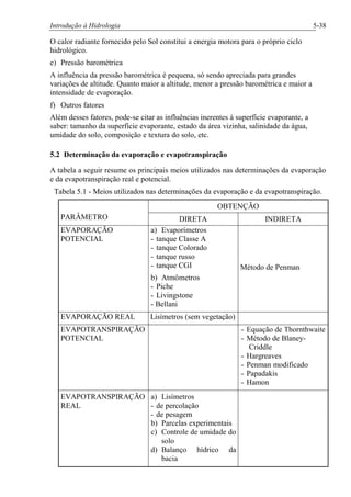 Introdução à Hidrologia 5-38
O calor radiante fornecido pelo Sol constitui a energia motora para o próprio ciclo
hidrológico.
e) Pressão barométrica
A influência da pressão barométrica é pequena, só sendo apreciada para grandes
variações de altitude. Quanto maior a altitude, menor a pressão barométrica e maior a
intensidade de evaporação.
f) Outros fatores
Além desses fatores, pode-se citar as influências inerentes à superfície evaporante, a
saber: tamanho da superfície evaporante, estado da área vizinha, salinidade da água,
umidade do solo, composição e textura do solo, etc.
5.2 Determinação da evaporação e evapotranspiração
A tabela a seguir resume os principais meios utilizados nas determinações da evaporação
e da evapotranspiração real e potencial.
Tabela 5.1 - Meios utilizados nas determinações da evaporação e da evapotranspiração.
OBTENÇÃO
PARÂMETRO DIRETA INDIRETA
EVAPORAÇÃO
POTENCIAL
a) Evaporímetros
- tanque Classe A
- tanque Colorado
- tanque russo
- tanque CGI
b) Atmômetros
- Piche
- Livingstone
- Bellani
Método de Penman
EVAPORAÇÃO REAL Lisímetros (sem vegetação)
EVAPOTRANSPIRAÇÃO
POTENCIAL
- Equação de Thornthwaite
- Método de Blaney-
Criddle
- Hargreaves
- Penman modificado
- Papadakis
- Hamon
EVAPOTRANSPIRAÇÃO
REAL
a) Lisímetros
- de percolação
- de pesagem
b) Parcelas experimentais
c) Controle de umidade do
solo
d) Balanço hídrico da
bacia
 