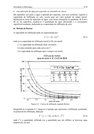 Introdução à Hidrologia 6-50
· com aplicação de água por aspersão ou simulador de chuva:
São aparelhos nos quais a água é aplicada por aspersão, com taxa uniforme, superior à
capacidade de infiltração no solo, exceto para um curto período de tempo inicial.
Delimitam-se áreas de aplicação de água, com forma retangular ou quadrada, de 0,10 a
40 m2
de superfície; medem-se a quantidade de água adicionada e o escoamento
superficial resultante, deduzindo-se a capacidade de infiltração do solo.
b) Método de Horton
A capacidade de infiltração pode ser representada por:
f = fc + (f0 - fc)e-kt
(6.1)
onde f0 é a capacidade de infiltração inicial (t=0), em mm/h;
fc é a capacidade de infiltração final, em mm/h;
k é uma constante para cada curva em t-1
;
f é a capacidade de infiltração para o tempo t em mm/h.
Figura 6.2 – Curvas de infiltração segundo Horton.
Integrando-se a equação 6.1, chega-se à equação que representa a infiltração acumulada,
ou potencial de infiltração, dada por:
F = fc . t + ((f0 - fc)/k).(1 - ek*t
) (6.2)
onde F é a quantidade infiltrada (ou a quantidade que iria infiltrar se houvesse água
disponível), em mm.
 