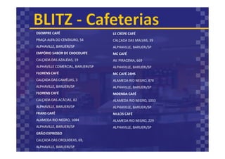 DSEMPRE CAFÉ
PRAÇA ALFA DO CENTAURO, 54
ALPHAVILLE, BARUERI/SP
EMPÓRIO SABOR DE CHOCOLATE
CALÇADA DAS AZALÉIAS, 19
ALPHAVILLE COMERCIAL, BARUERI/SP
FLORENS CAFÉ
CALÇADA DAS CAMÉLIAS, 3
ALPHAVILLE, BARUERI/SP
FLORENS CAFÉ
CALÇADA DAS ACÁCIAS, 82
ALPHAVILLE, BARUERI/SP
FRANS CAFÉ
ALAMEDA RIO NEGRO, 1084
ALPHAVILLE, BARUERI/SP
GRÃO EXPRESSO
CALÇADA DAS ORQUIDEAS, 69,
ALPHAVILLE, BARUERI/SP
LE CRÈPE CAFÉ
CALÇADA DAS MALVAS, 39
ALPHAVILLE, BARUERI/SP
MC CAFÉ
AV. PIRACEMA, 669
ALPHAVILLE, BARUERI/SP
MC CAFÉ 24HS
ALAMEDA RIO NEGRO, 878
ALPHAVILLE, BARUERI/SP
MOENDA CAFÉ
ALAMEDA RIO NEGRO, 1033
ALPHAVILLE, BARUERI/SP
NILLOS CAFÉ
ALAMEDA RIO NEGRO, 229
ALPHAVILLE, BARUERI/SP
 