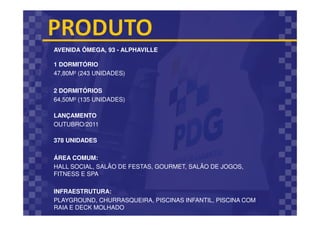 AVENIDA ÔMEGA, 93 - ALPHAVILLE
1 DORMITÓRIO
47,80M² (243 UNIDADES)
2 DORMITÓRIOS
64,50M² (135 UNIDADES)
LANÇAMENTO
OUTUBRO/2011
378 UNIDADES
ÁREA COMUM:
HALL SOCIAL, SALÃO DE FESTAS, GOURMET, SALÃO DE JOGOS,
FITNESS E SPA
INFRAESTRUTURA:
PLAYGROUND, CHURRASQUEIRA, PISCINAS INFANTIL, PISCINA COM
RAIA E DECK MOLHADO
 