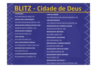 COSTELARIA
RUA MACHADO DE ASSIS, 327
ESPACO GRILL RESTAURANTE
RUA DEPUTADO EMILIO CARLOS, 1078
RESTAURANTE FAMÍLIA CESCOM LTDA
AVENIDA SANTO ANTÔNIO, 1232
RESTAURANTE MARQUES
RUA MELVIM JONES, 131
AQUI AQUILO
RUA JOAO COLLINO, 213
BAR E RESTAURANTE ZOREIAS
RUA PRESIDENTE COSTA E SILVA, 514
BAR REFEICOES TIACOTA LTDA
RUA AMETISTA, 055
K LON DELICATESSEN REFEICOES
RUA ANANIAS DE ALMEIDA, 377
LANCHES ARIANE
RUA PROFESSOR JOSÉ AZEVEDO MINHOTO, 565
LIRO RESTAURANTE
RUA TENENTE AVELAR PIRES DE AZEVEDO, 231
RESTAURANTE BIG COMBUCA DE BAR
RUA NARCISO STURLINI, 268
RESTAURANTE BISTEKÃO
RUA JOÃO CRUDO, 074
RESTAURANTE CALIFORNIA
RUA 3 ANDRADAS, 190
RESTAURANTE E PIZZARIA REQUINT
RUA MELVIM JONES, 060
RESTAURANTE FRUTO DA TERRA
RUA ANDRÉ MANOJO, 082
RESTAURANTE SANTO ANTONIO
RUA ESTAÇÃO, 335
RESTAURANTE SAO PAULO I
RUA TENENTE AVELAR PIRES DE AZEVEDO, 093
 