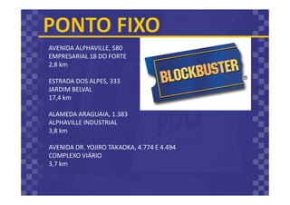AVENIDA ALPHAVILLE, 580
EMPRESARIAL 18 DO FORTE
2,8 km
ESTRADA DOS ALPES, 333
JARDIM BELVAL
17,4 km
ALAMEDA ARAGUAIA, 1.383
ALPHAVILLE INDUSTRIAL
3,8 km
AVENIDA DR. YOJIRO TAKAOKA, 4.774 E 4.494
COMPLEXO VIÁRIO
3,7 km
 