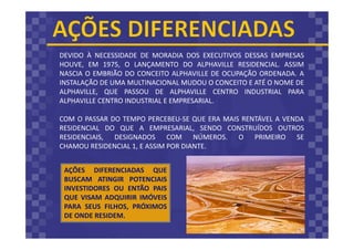 DEVIDO À NECESSIDADE DE MORADIA DOS EXECUTIVOS DESSAS EMPRESAS
HOUVE, EM 1975, O LANÇAMENTO DO ALPHAVILLE RESIDENCIAL. ASSIM
NASCIA O EMBRIÃO DO CONCEITO ALPHAVILLE DE OCUPAÇÃO ORDENADA. A
INSTALAÇÃO DE UMA MULTINACIONAL MUDOU O CONCEITO E ATÉ O NOME DE
ALPHAVILLE, QUE PASSOU DE ALPHAVILLE CENTRO INDUSTRIAL PARA
ALPHAVILLE CENTRO INDUSTRIAL E EMPRESARIAL.
COM O PASSAR DO TEMPO PERCEBEU-SE QUE ERA MAIS RENTÁVEL A VENDA
RESIDENCIAL DO QUE A EMPRESARIAL, SENDO CONSTRUÍDOS OUTROS
RESIDENCIAIS, DESIGNADOS COM NÚMEROS. O PRIMEIRO SE
CHAMOU RESIDENCIAL 1, E ASSIM POR DIANTE.
AÇÕES DIFERENCIADAS QUE
BUSCAM ATINGIR POTENCIAIS
INVESTIDORES OU ENTÃO PAIS
QUE VISAM ADQUIRIR IMÓVEIS
PARA SEUS FILHOS, PRÓXIMOS
DE ONDE RESIDEM.
 