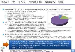 10
総括１ オープンデータの認知度、取組状況、効果
 地方自治体におけるオープンデータの認知度及び取組状況（地方公共団体アンケート結果より）
 オープンデータについてよく知っていると回答したのは
235団体（全体の13.5%（注1））
 オープンデータに取組済み（注2）は99団体（6%）
 取組における課題としては、利活用におけるニーズや効果が不明という
回答（231団体、22.6%）が最も多く、次いで情報不足（159団体、
15.6%）、人材不足（139団体、13.6%）
 オープンデータの効果（地方公共団体ヒアリング結果より）
 ヒアリングにおいては、現時点では新規ビジネスにつながった例はほと
んど無かったが、各種実証事業により民間企業によって開発したアプリ
を住民に提供することにより、地域の課題解決につながっている例は多
い（子育支援施設マップや消火栓マップ、避難所マップ、バス経路情報等）。
 また、行政事務の業務効率化に繋がることが期待される、という意見もあり（例えば、河川の水位観測所の一覧を公開した
ことで住民からの問合せが減少、ゴミ種別ごとの回収日を公開したことで住民からの問合せが減少 等）。
 住民におけるオープンデータの認知度（住民アンケート結果より）
 国のオープンデータの取組やデータカタログサイトの認知状況について聞いたところ、「よく知っている」（27人、2.6%
）、「知っているが詳細は分からない」（99人、9.6%）、「名称は知っている」（126人、12.2%）を合わせても25%程
度、「全く知らない」が74.8%。
• オープンデータに取り組む地方公共団体の拡大にあたり、まずはオープン
データの意義や内容、効果（地域の課題解決の手段として、住民の利便性
向上や、行政事務の効率化等を図ることが可能）などを地域住民も含め、
理解してもらうことが必要
注1）当資料における割合（パーセント）は、該当設問に対する有効回答数を母数として算出
注2）「Webサイトにおいて、二次利用可能なライセンスでデータを公開」していることを「取組済み」と定義
 