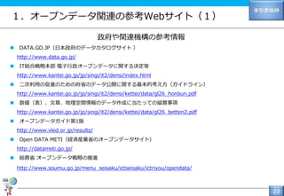 23
手引書抜粋
１．オープンデータ関連の参考Webサイト（１）
政府や関連機構の参考情報
 DATA.GO.JP（日本政府のデータカタログサイト ）
http://www.data.go.jp/
 IT総合戦略本部 電子行政オープンデータに関する決定等
http://www.kantei.go.jp/jp/singi/it2/densi/index.html
 二次利用の促進のための府省のデータ公開に関する基本的考え方（ガイドライン）
http://www.kantei.go.jp/jp/singi/it2/densi/kettei/data/gl26_honbun.pdf
 数値（表）、文章、地理空間情報のデータ作成に当たっての留意事項
http://www.kantei.go.jp/jp/singi/it2/densi/kettei/data/gl26_betten2.pdf
 オープンデータガイド第1版
http://www.vled.or.jp/results/
 Open DATA METI（経済産業省のオープンデータサイト）
http://datameti.go.jp/
 総務省 オープンデータ戦略の推進
http://www.soumu.go.jp/menu_seisaku/ictseisaku/ictriyou/opendata/
 