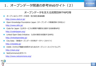 24
手引書抜粋
１．オープンデータ関連の参考Webサイト（２）
オープンデータを支える民間団体やNPO等
 オープン＆ビッグデータ活用・地方創生推進機構
http://www.vled.or.jp/
 Open Knowledge Foundation Japan（オープンデータ推進団体 日本法人）
http://www.okfn.jp/
 Code for Japan（公共サービスの開発や運営を支援する技術者NPO）
http://code4japan.org/
 Linked Open Data Initiative （LODの普及を促進するNPO)
http://linkedopendata.jp/
 City Data （地域オープンデータ共有データベースサイト）
http://citydata.jp/
 CKAN（カタログ機能を実現するためのオープンソースソフトウェア）
http://ckan.org/
 NetCommons公式サイト
http://www.netcommons.org/
 