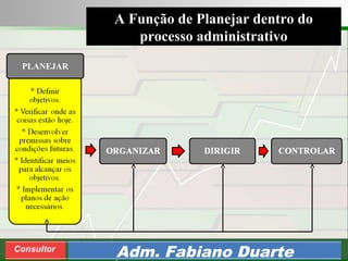 Consultoria de Planejamento - CPLAN
Secretaria de Estado da Administração - SEA
Consultor
Adm. Fabiano Duarte
A Função de Planejar dentro do
processo administrativo
PLANEJAR
 