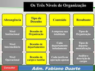 Consultoria de Planejamento - CPLAN
Secretaria de Estado da Administração - SEA
Consultor
Adm. Fabiano Duarte
Os Três Níveis de Organização
 