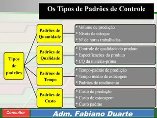 Consultoria de Planejamento - CPLAN
Secretaria de Estado da Administração - SEA
Consultor
Adm. Fabiano Duarte
Os Tipos de Padrões de Controle
 
