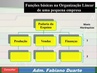 Consultoria de Planejamento - CPLAN
Secretaria de Estado da Administração - SEA
Consultor
Adm. Fabiano Duarte
Funções básicas na Organização Linear
de uma pequena empresa
1
2
Níveis
Hierárquicos
 