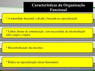 Consultoria de Planejamento - CPLAN
Secretaria de Estado da Administração - SEA
Consultor
Adm. Fabiano Duarte
Características da Organização
Funcional
 