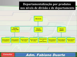 Consultoria de Planejamento - CPLAN
Secretaria de Estado da Administração - SEA
Consultor
Adm. Fabiano Duarte
Departamentalização por produtos
nos níveis de divisão e de departamento
 