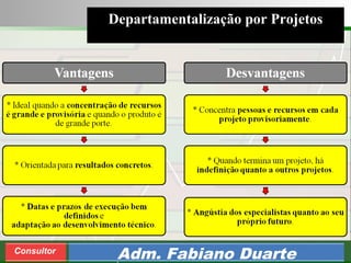 Consultoria de Planejamento - CPLAN
Secretaria de Estado da Administração - SEA
Consultor
Adm. Fabiano Duarte
Departamentalização por Projetos
 
