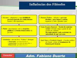 Consultoria de Planejamento - CPLAN
Secretaria de Estado da Administração - SEA
Consultor
Adm. Fabiano Duarte
Influências dos Filósofos
 