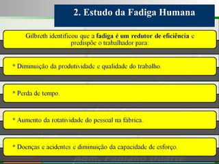 Consultoria de Planejamento - CPLAN
Secretaria de Estado da Administração - SEA
Consultor
Adm. Fabiano Duarte
2. Estudo da Fadiga Humana
 