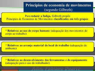 Consultoria de Planejamento - CPLAN
Secretaria de Estado da Administração - SEA
Consultor
Adm. Fabiano Duarte
Princípios de economia de movimentos
(segundo Gilbreth)
 