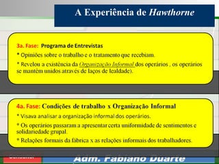 Consultoria de Planejamento - CPLAN
Secretaria de Estado da Administração - SEA
Consultor
Adm. Fabiano Duarte
A Experiência de Hawthorne
 